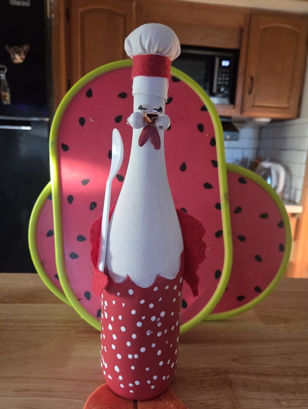 Hand-Painted Red and White Decorative Chicken Bottle -